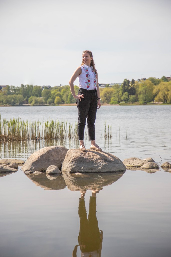 Clarinetist and folk musician Annika Lyytikäinen at the Töölö Bay in Helsinki.